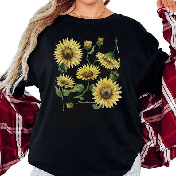 Women's Watercolor Sunflower Bouquet Botanical Art Graphic Casual T Shirt Breathable Short Sleeve Round Neck Top Black S-5XL