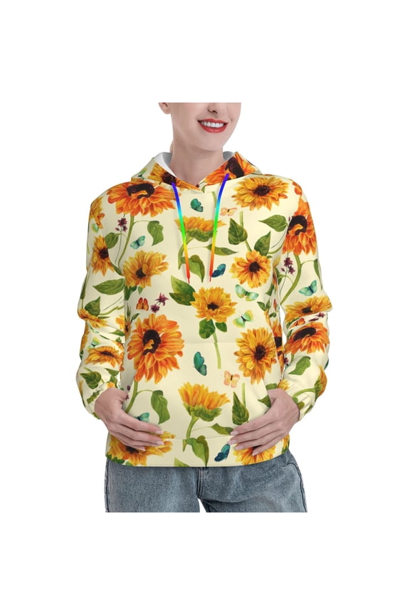 Women's Watercolor Sunflower Butterflies 3D Printed Hooded Sweatshirt Long Sleeve Pullover Hoodies With Pocket Large