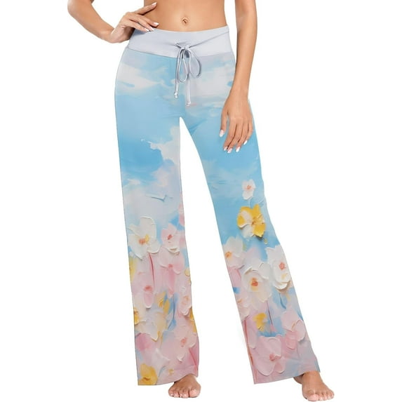 Women's Watercolor Wild Flowers Pajama Pants, Casual Pajama Bottoms Lounge Pants Wide Leg