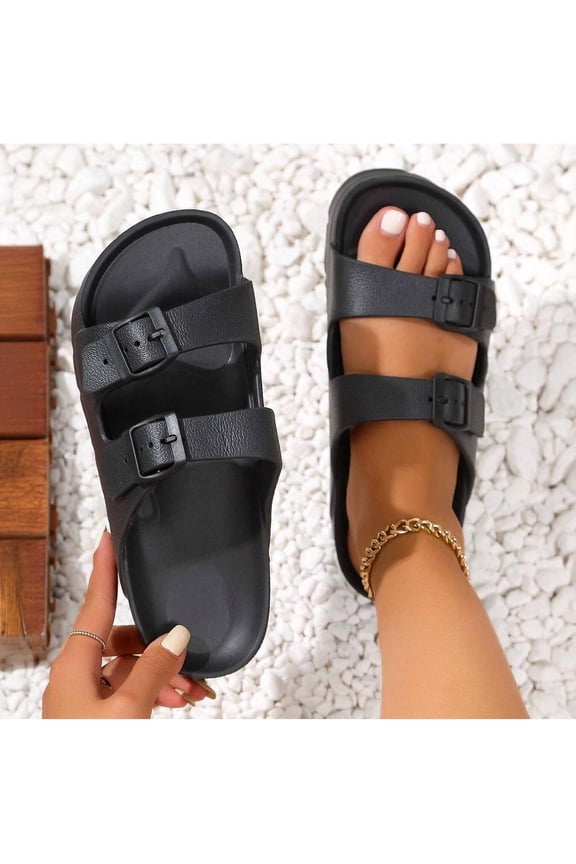 Women's Waterproof Adjustable Double Buckle EVA Sandals - Comfortable Flat Beach Slide Shoes