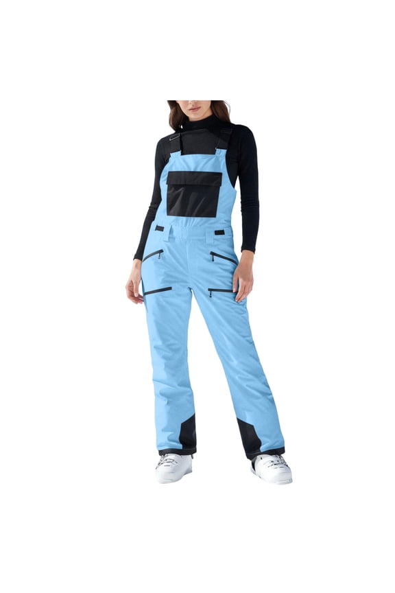 Women's Waterproof Bib Snow Pants Elastic Waist Windproof Snowpants Insulated Romper Overalls with Pockets for Skiing Blue 2XL