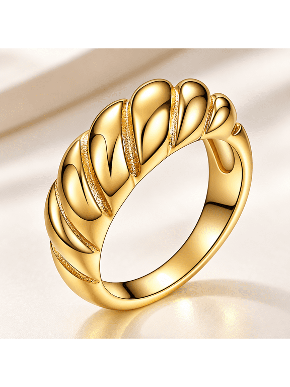 Women's Waterproof Gold-Tone Twisted Braided Signet Ring - Unisex Jewelry for Everyday Wear, Special Occasions, Anniversary Gifting