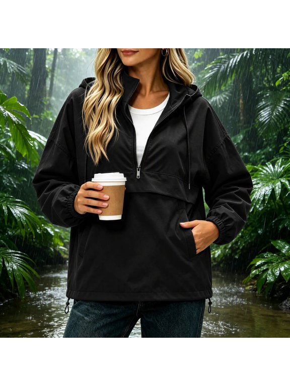 Women's Waterproof Half Zip Hooded Jacket,Detachable Hood Dual Pocket Windbreaker,Casual Commuter Lightweight Outdoor Coat 01-Black L