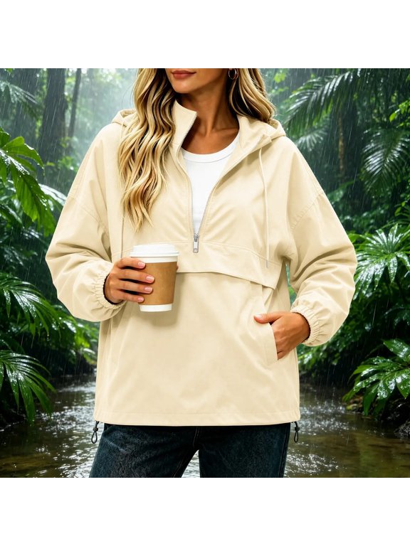 Women's Waterproof Half Zip Hooded Jacket,Detachable Hood Dual Pocket Windbreaker,Casual Commuter Lightweight Outdoor Coat 06-Khaki S