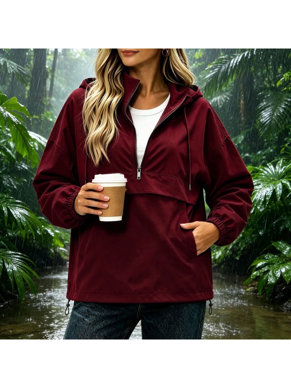 Women's Waterproof Half Zip Hooded Jacket,Detachable Hood Dual Pocket Windbreaker,Casual Commuter Lightweight Outdoor Coat 08-Wine XXL