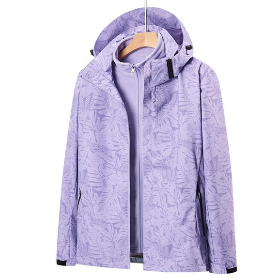 Women's Waterproof Hiking Jacket Fleece Lined Winter Warm Rain Coat Winter Print Warm Long Sleeve Windbreaker with Hood (Purple L)