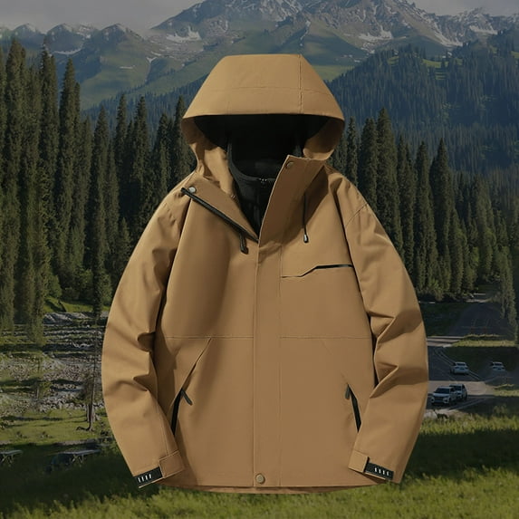 Women's Waterproof Hooded Jacket Two-Piece Set with Pockets Zipper Padded Lining Solid Color Outdoor Hiking Clothes Sports Rushing Tops Spring and Winter Coat