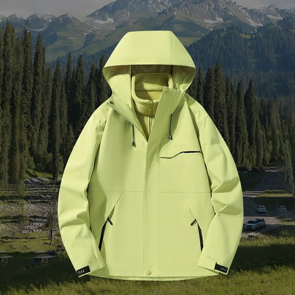 Women's Waterproof Hooded Jacket Two-Piece Set with Pockets Zipper Padded Lining Solid Color Outdoor Hiking Clothes Sports Rushing Tops Spring and Winter Coat