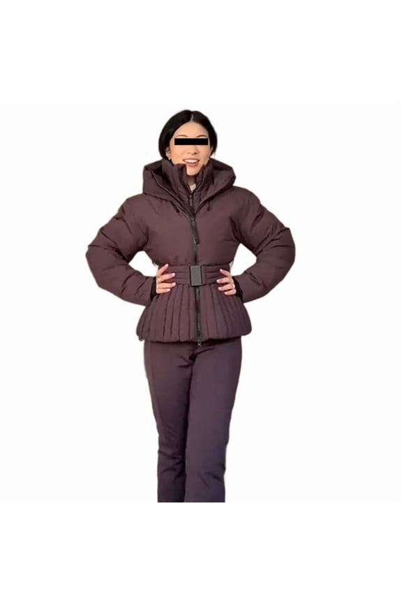Women’s Waterproof Hooded Puffer Jacket, Windproof Belted Short Insulated Coat, Warm Lightweight Winter Outerwear for Daily Wear