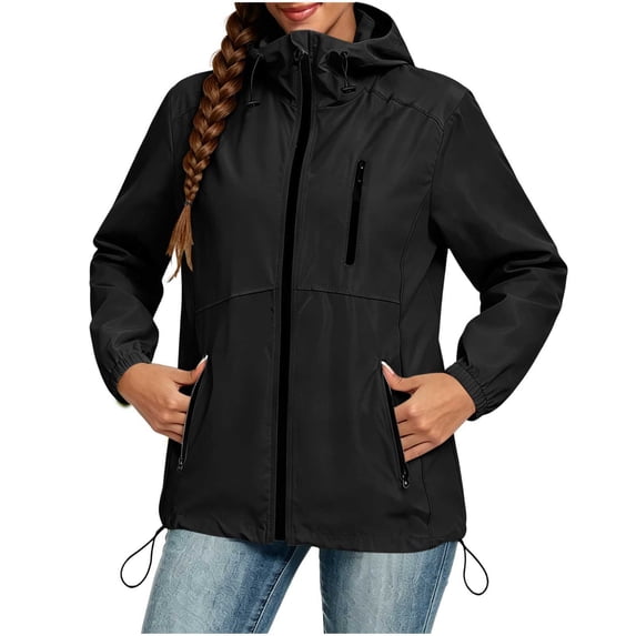Women's Waterproof Hooded Rain Jacket Lightweight Breathable Outdoor Hiking Coat with Drawstring Pockets Windproof Sun Protection Black XXL(XXL)