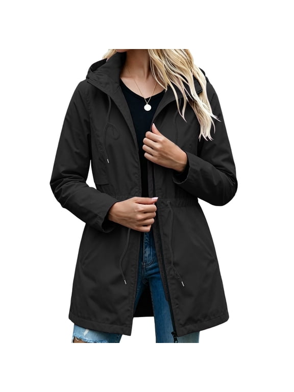 Women's Waterproof Jacket Baeitkot Women's Hooded Drawstring Waist Waterproof Jacket with Pockets for Outdoor Use Black M