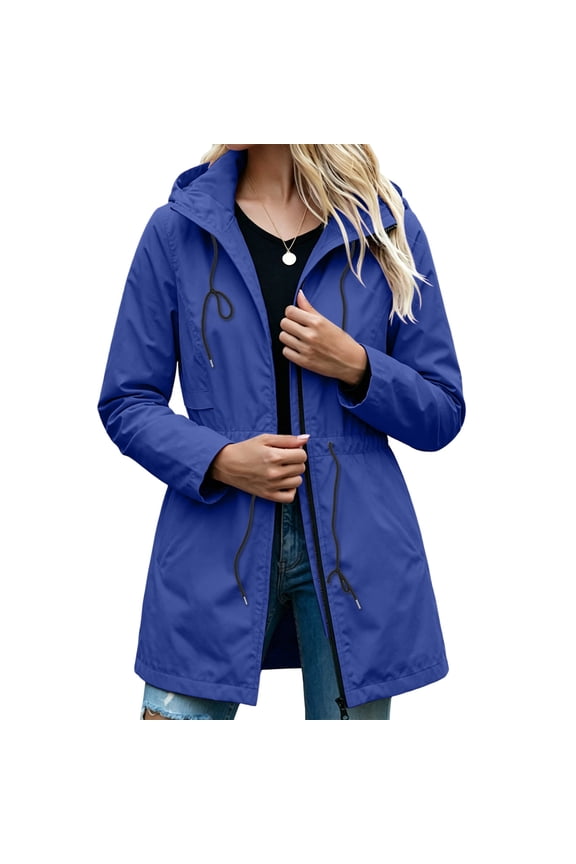 Women's Waterproof Jacket Baeitkot Women's Hooded Drawstring Waist Waterproof Jacket with Pockets for Outdoor Use Blue XXL