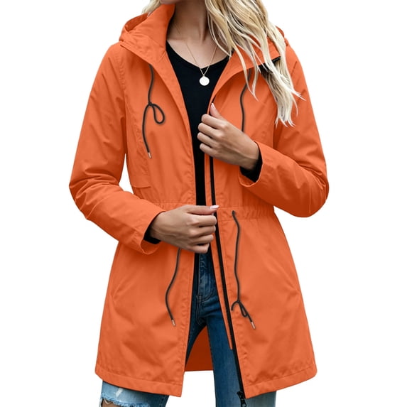 Women's Waterproof Jacket Baeitkot Women's Hooded Drawstring Waist Waterproof Jacket with Pockets for Outdoor Use Orange XXXL