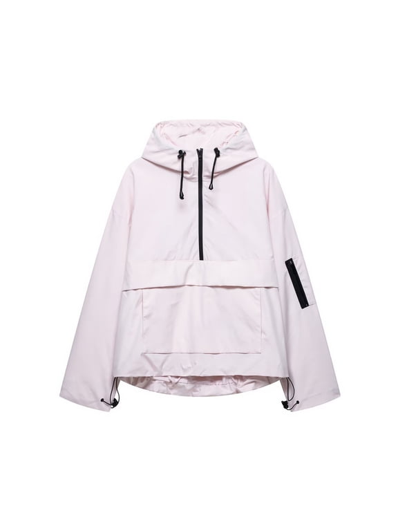 Women's Waterproof Jackets Multi Pockets Half Zip Hoodie Raincoats Long Sleeve Pullover Windbreaker Coats Hot Pink, L