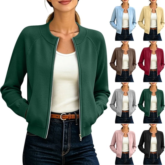 Women's Waterproof Jackets Women's Solid Color Crew Neck Ribbed Raglan Sleeve Zip-Up Jacket Casual Outerwear Green Xl