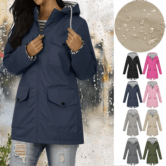 Women's Waterproof Lightweight Rain Jacket Long Hooded Trench Coats Waterproof Windproof Jackets With Pockets for Outdoor