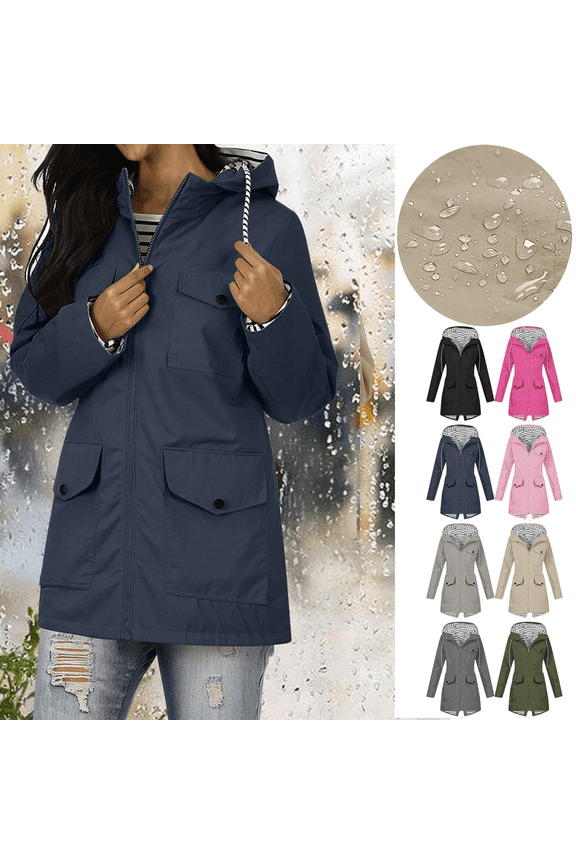 Women's Waterproof Lightweight Rain Jacket Long Hooded Trench Coats Waterproof Windproof Jackets With Pockets for Outdoor