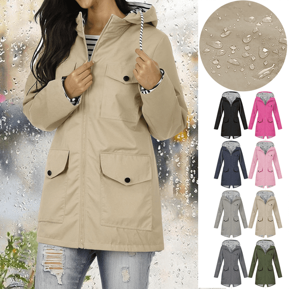 Women's Waterproof Lightweight Rain Jacket Long Hooded Trench Coats Waterproof Windproof Jackets With Pockets for Outdoor