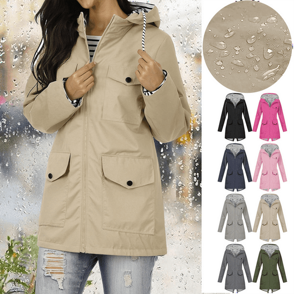 Women's Waterproof Lightweight Rain Jacket Long Hooded Trench Coats Waterproof Windproof Jackets With Pockets for Outdoor