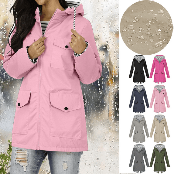 Women's Waterproof Lightweight Rain Jacket Long Hooded Trench Coats Waterproof Windproof Jackets With Pockets for Outdoor