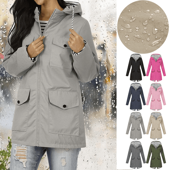 Women's Waterproof Lightweight Rain Jacket Long Hooded Trench Coats Waterproof Windproof Jackets With Pockets for Outdoor