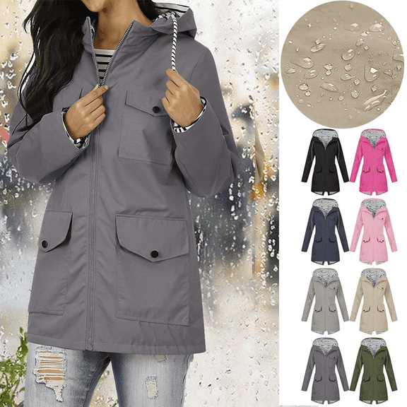 Women's Waterproof Lightweight Rain Jacket Long Hooded Trench Coats Waterproof Windproof Jackets With Pockets for Outdoor