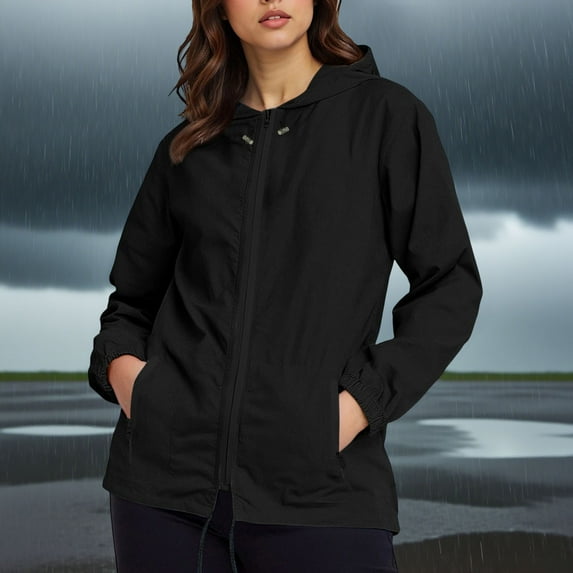 Women's Waterproof Lightweight Rain Jacket Long Sleeve Hooded Style with Full-Zip Closure and Functional Pockets for Daily Commute and Outdoor Activities