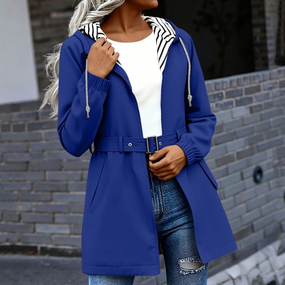 Women's Waterproof Long Rain Coats Packable Rain Jacket with Hood Trench Coats Windbreaker Blue S