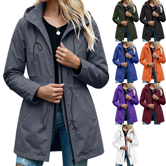 Women's Waterproof Long Rain Jacket Hooded Full Zip Drawstring Cinched Waist Lightweight Raincoat with Pockets for Hiking Travel Outdoor, Gray, S