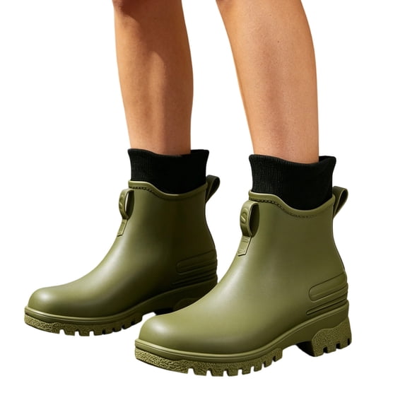 Women's Waterproof PVC Ankle Rain Boots Non Slip Heel Gardening Shoes With Knit Liner
