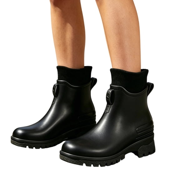 Women's Waterproof PVC Ankle Rain Boots Non Slip Heel Gardening Shoes With Knit Liner
