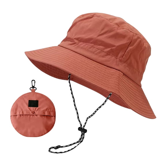 Women's Waterproof Packable Wide Brim Bucket Hat, Foldable Sun Shade Fisherman Hat with Chin Strap, Outdoor Sun Hat for Hiking Fishing Travel, Unisex Solid Color Wide Brim Sun Bucket Hat Brick Red