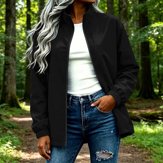 Women’s Waterproof Packable Windbreaker Rain Jacket, Hooded Lightweight Rain Coat With Rear Zipper Design Black XL