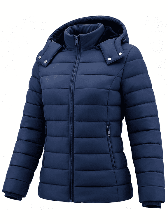 Women's Hooded Puffer Jacket Lightweight Warm Puffy Quilted Winter Coat Waterpoof Jackets for Cold Weather, Navy XL