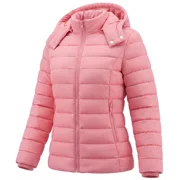 Women's Lightweight Long-Sleeve Water-Resistant Puffer Jacket Hooded Winter Down Coat, Pink L
