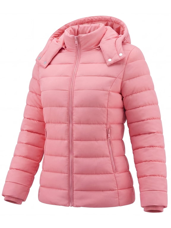 Women's Lightweight Long-Sleeve Water-Resistant Puffer Jacket Hooded Winter Down Coat, Pink M