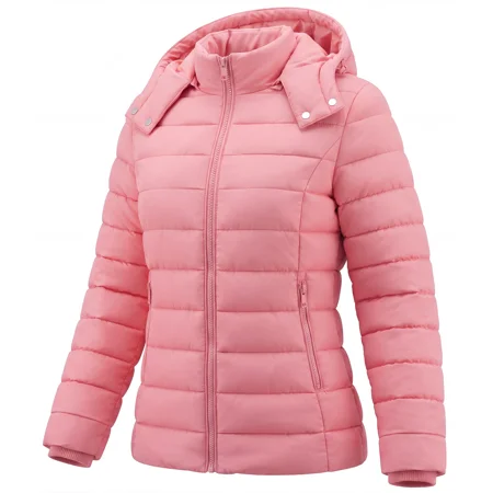Women's Lightweight Long-Sleeve Water-Resistant Puffer Jacket Hooded Winter Down Coat, Pink M