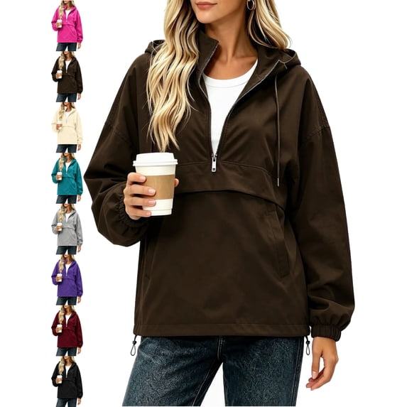 Women's Waterproof Rain Jacket Hooded Half-Zip Oversized Windproof Solid-Color Windbreaker Waterproof Long-Sleeve Top With Detachable Hood