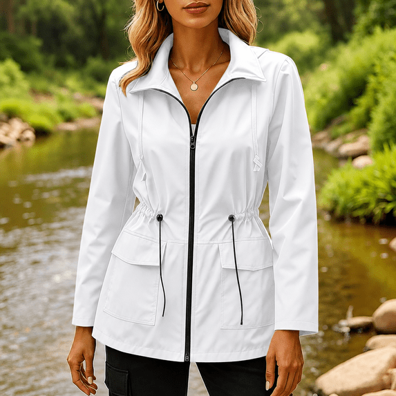Women’s Waterproof Rain Jacket, Lightweight Zip Up Windbreaker Coat with Drawstring Waist, Stand Collar and Pockets, Outdoor Travel Jacket for Women S-XXXL