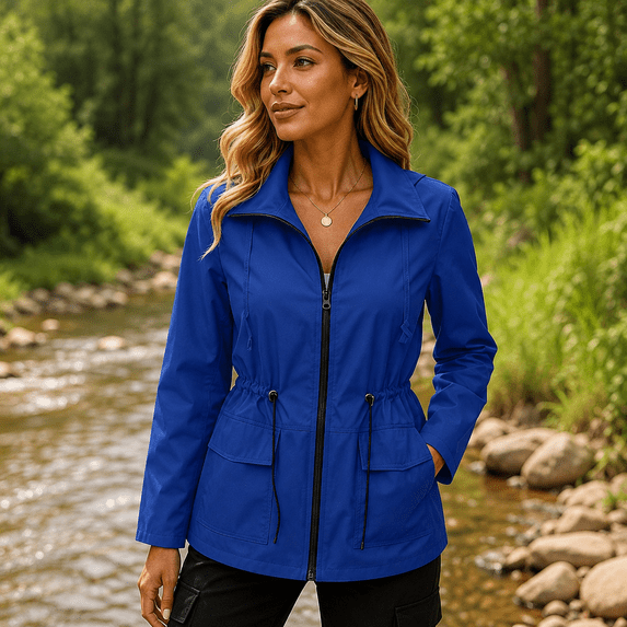 Women’s Waterproof Rain Jacket, Lightweight Zip Up Windbreaker Coat with Drawstring Waist, Stand Collar and Pockets, Outdoor Travel Jacket for Women S-XXXL