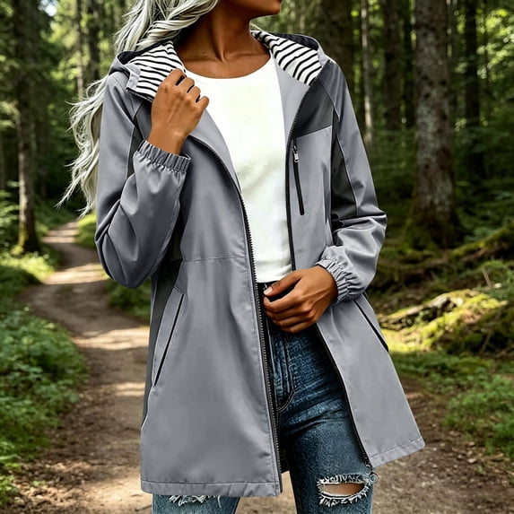 Women's Waterproof Rain Jacket Long Raincoat Hooded Windbreaker Trench Coat Gray S