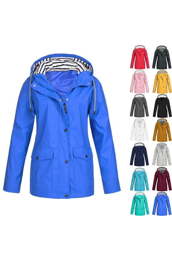 Women's Waterproof Rain Jacket Outdoor Women Solid Rain Jacket Outdoor Plus Size Hooded Raincoat Windproof Blue XL Fall