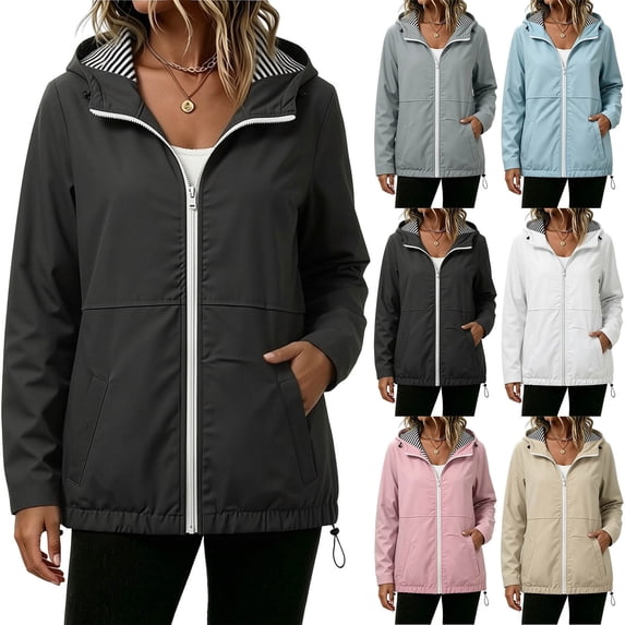 Women's Waterproof Rain Jacket Women's Solid Color Jacket And Winter Fashion Casual Striped Lining Waterproof Hem Drawstring Hooded Drawstring Jacket