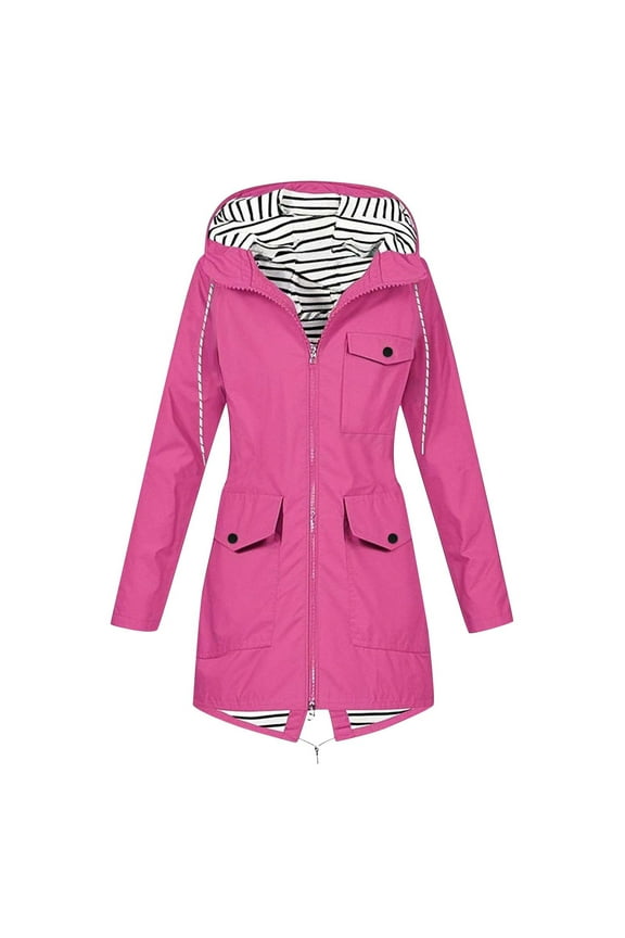 Women's Waterproof Rain Jacket with Hood Lightweight Outdoor Raincoat Long Hooded Trench Coats Windbreaker Hot Pink S