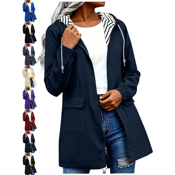 Women's Waterproof Rain Jackets Plus Size Solid Color Hooded Windproof Rain Jacket Outdoor Loose With Pocket Coat
