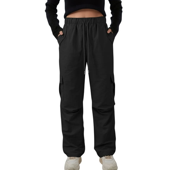 Women's Lightweight Quick-Dry Hiking Cargo Pants High Waisted Water-Resistant Outdoor Joggers with 4 Pockets & Elastic Drawstring Black L