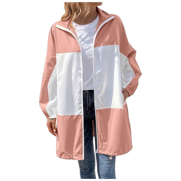 Women's Waterproof Raincoat Hooded Rain Jacket Color Block Windbreaker Red L