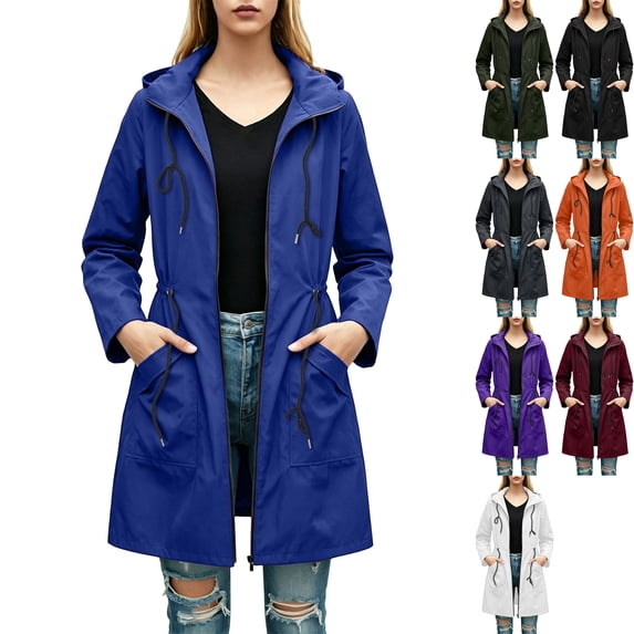 Women's Waterproof Raincoat Long Hooded Jacket Full Zip Drawstring Cinched Waist Trench Coat Windproof for Hiking Outdoor Travel, Blue, S