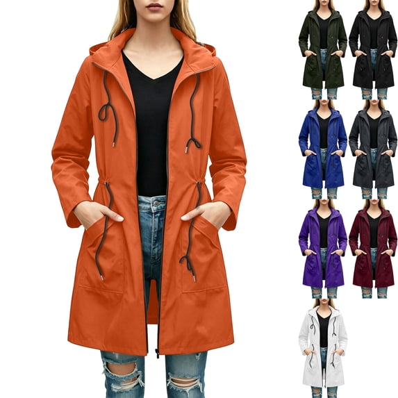 Women's Waterproof Raincoat Long Hooded Jacket Full Zip Drawstring Cinched Waist Trench Coat Windproof for Hiking Outdoor Travel, Orange, M