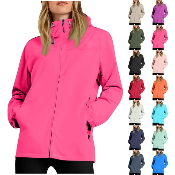 Women's Waterproof Raincoat Cuffs Waterproof Hooded Pocket Zipper Jacket Outdoor Mountaineering Clothing Sports Jacket Hooded Windbreaker Hot Pink S-3XL